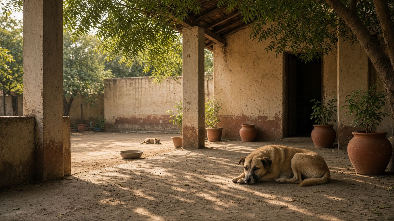 Animal-care courtyard in soft morning light