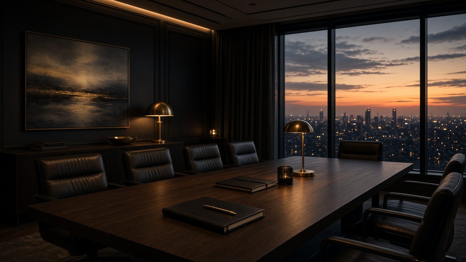 Quiet boardroom at dusk