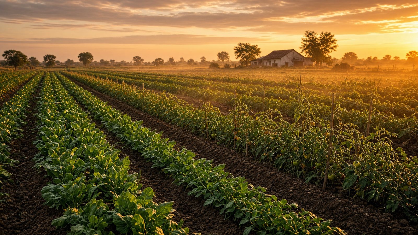 Rows of organic crops at golden hour