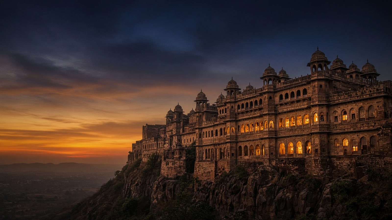 Sandstone Indian palace and fort at dusk
