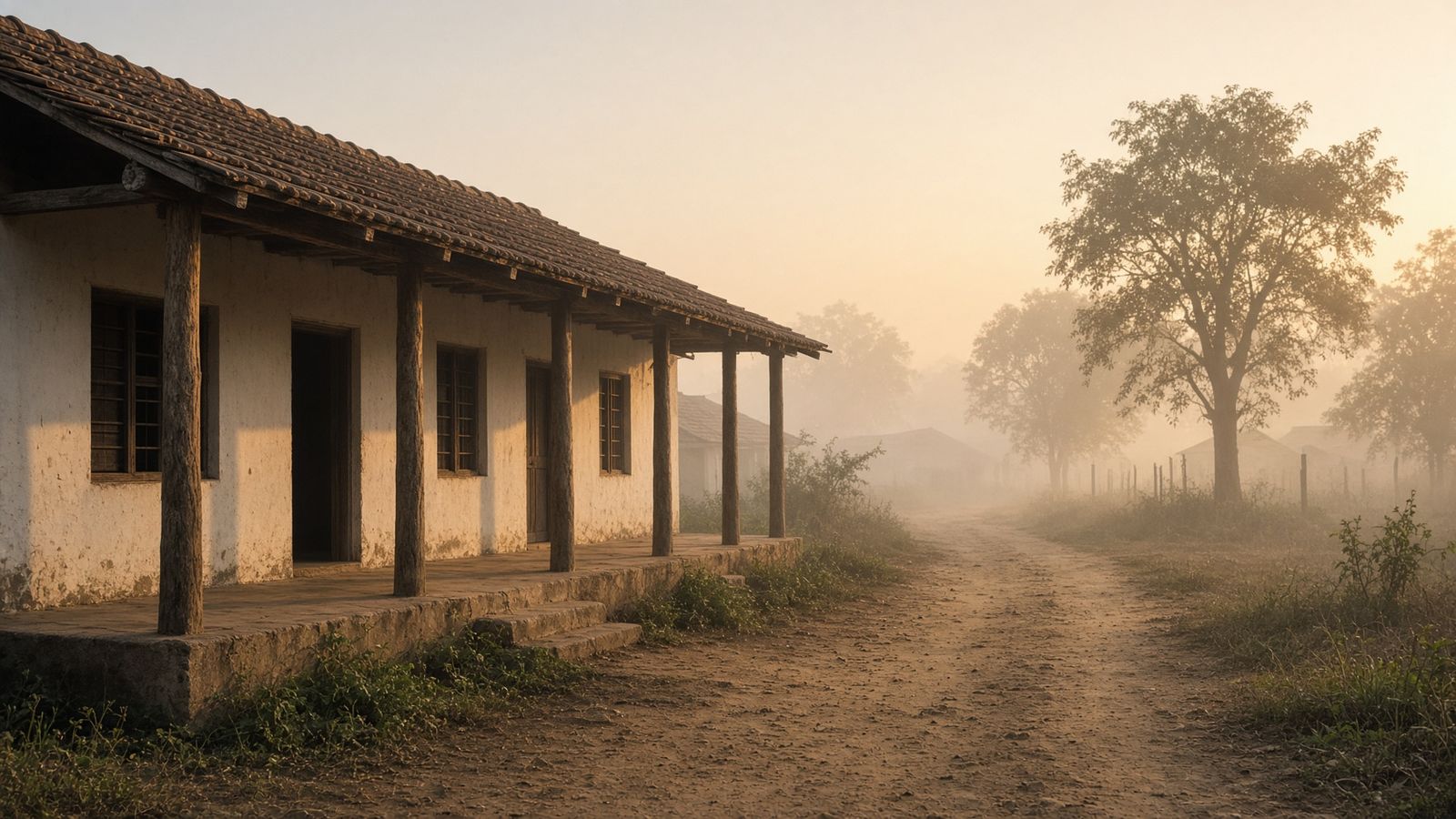 Rural school veranda at sunrise