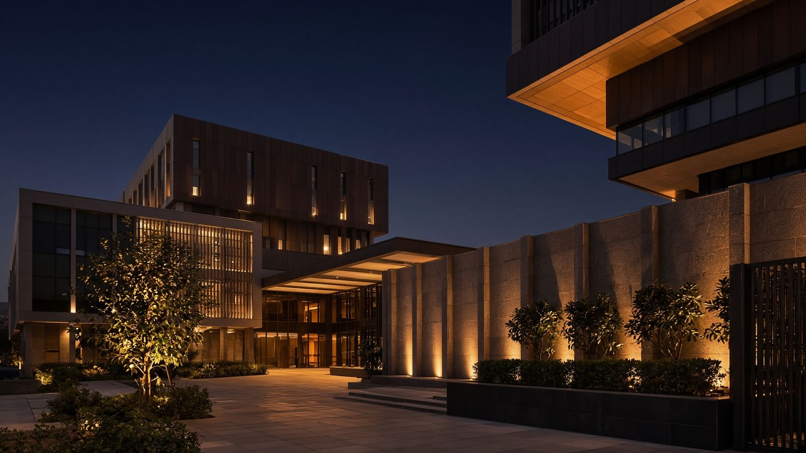 Lit commercial courtyard at night