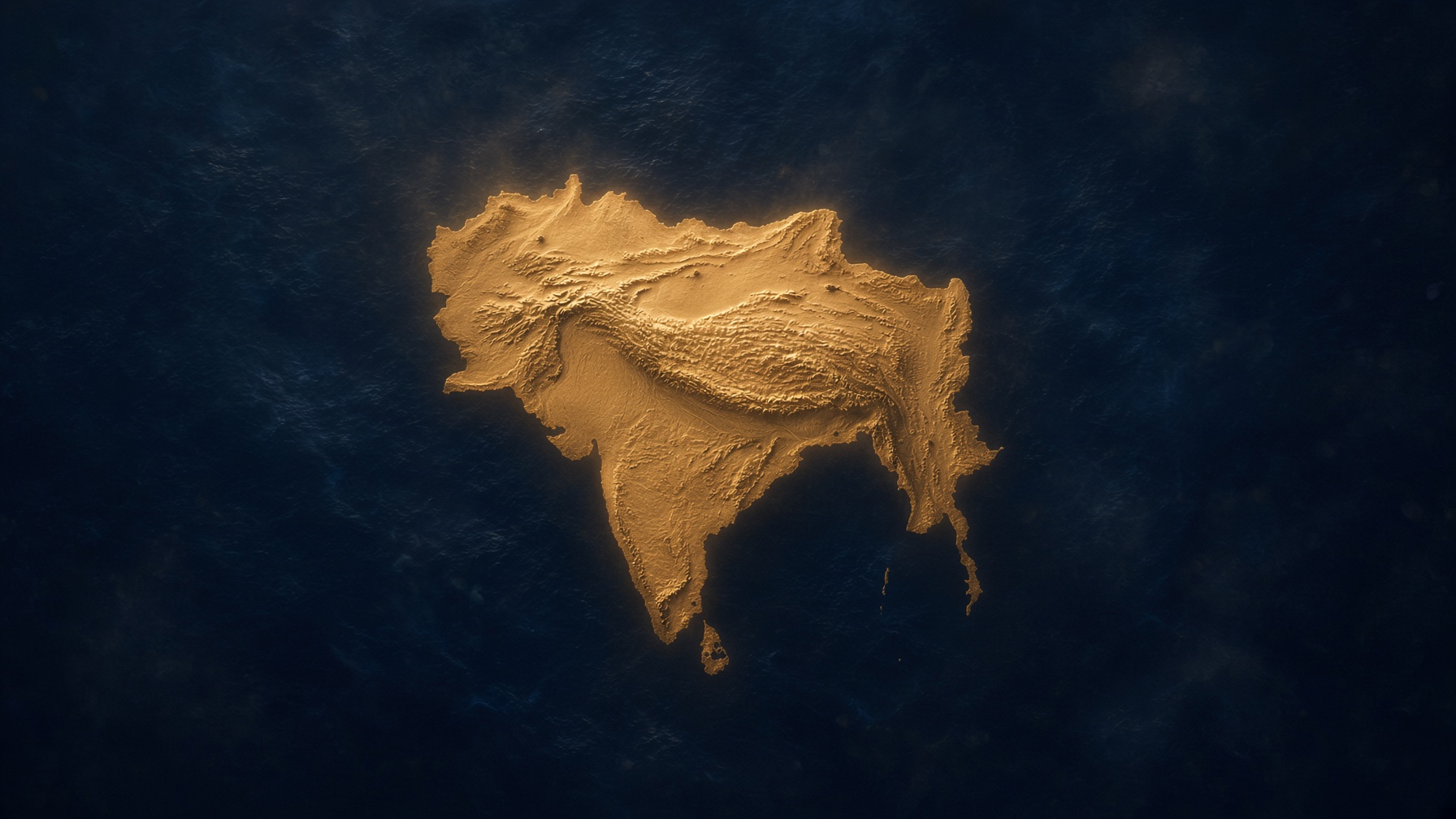 Gold relief map of the Indian subcontinent on a dark field